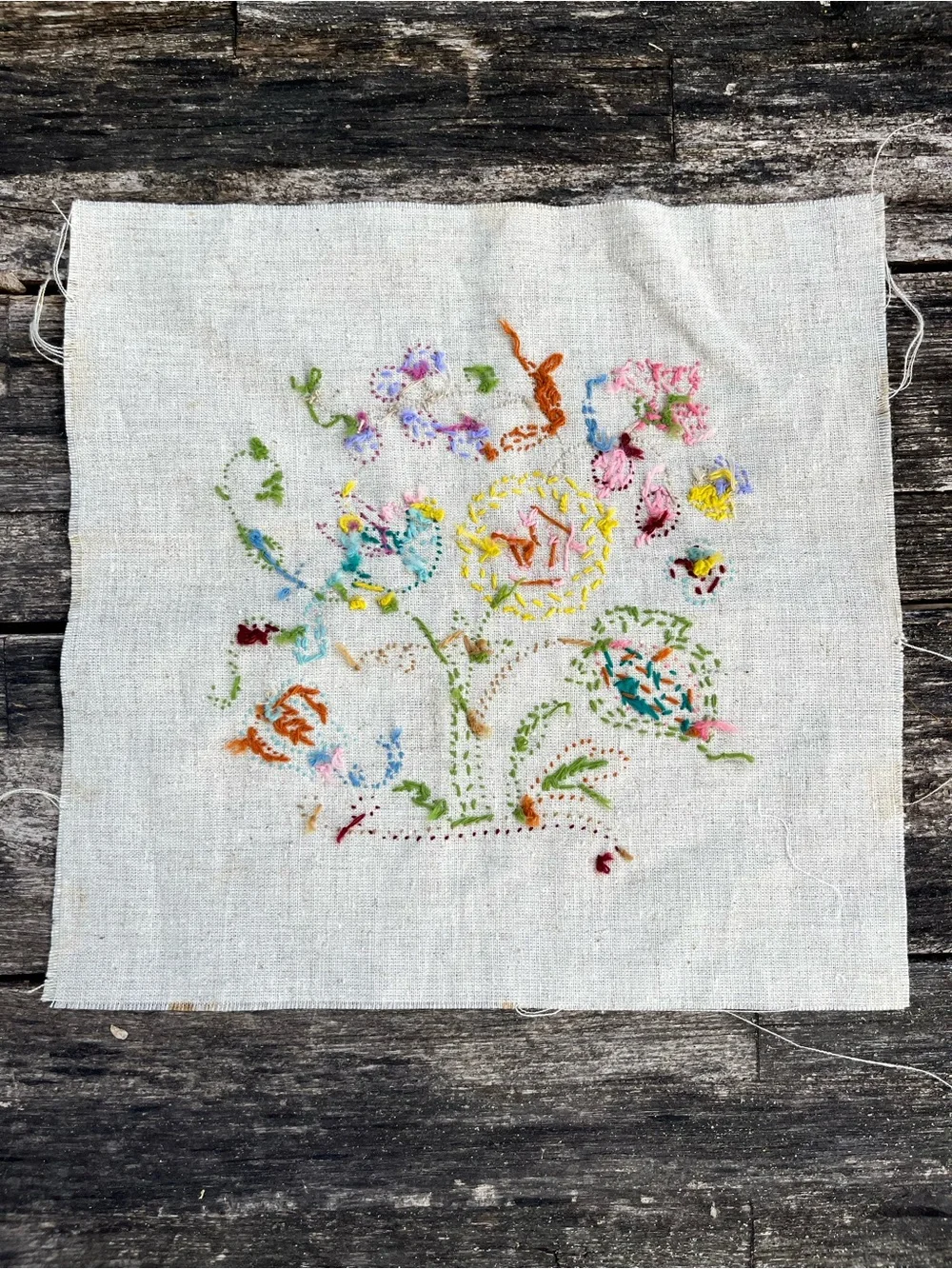 Vintage Finished Crewel Embroidery Fabric Square Bird & Floral Design (Unframed)